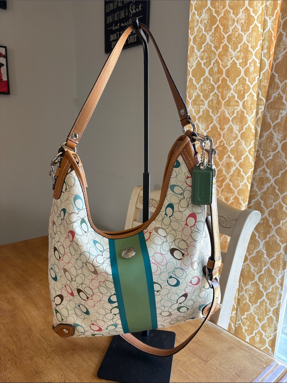 Coach 2010 Chelsea Multicolor Signature Canvas Hobo Bag with Teal Stripe